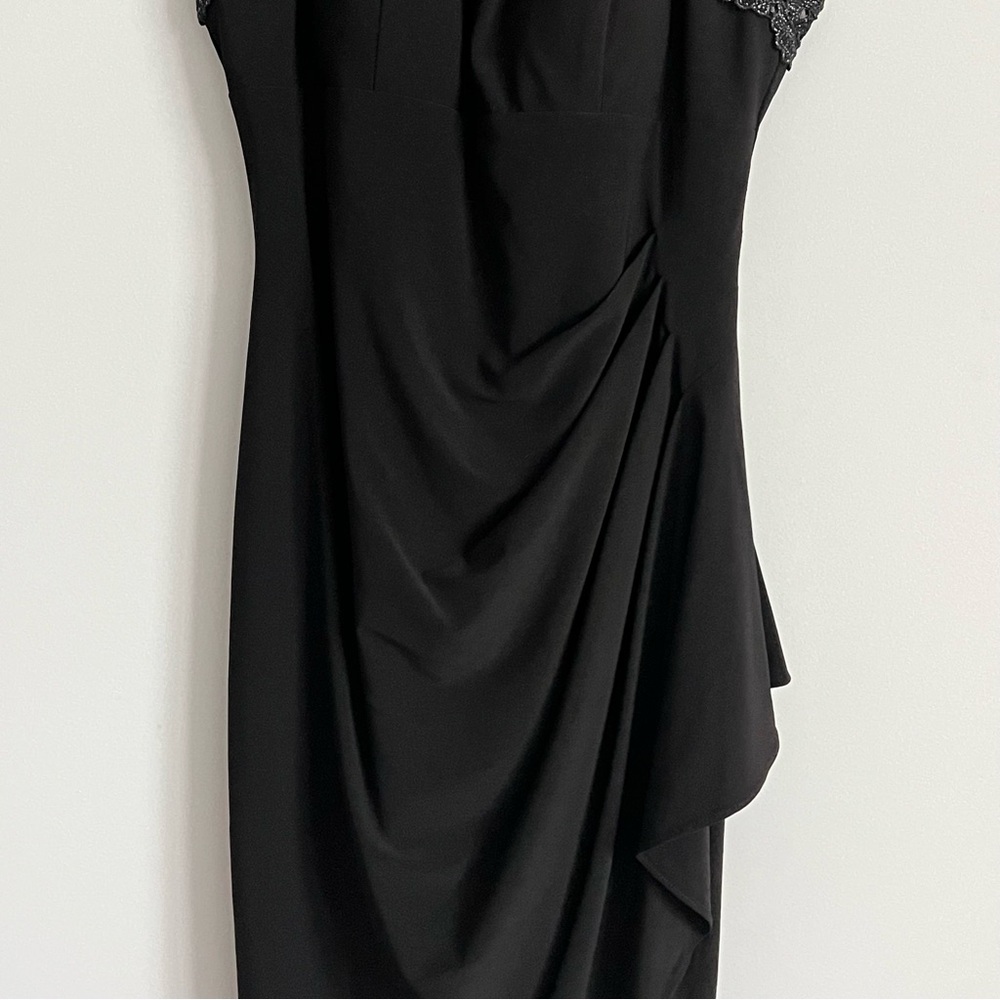 Xscape Black Crochet Back Ruche Draped Fitted Cocktail Dress - Picture 6 of 11